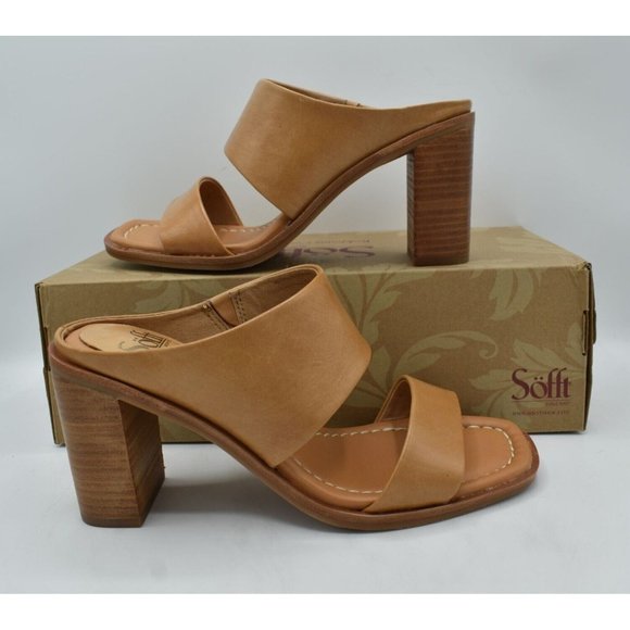 Sofft Womens Size 7.5 Sheila Caramel Tan Leather Heeled Slip On Open Toe Sandals - Picture 8 of 11